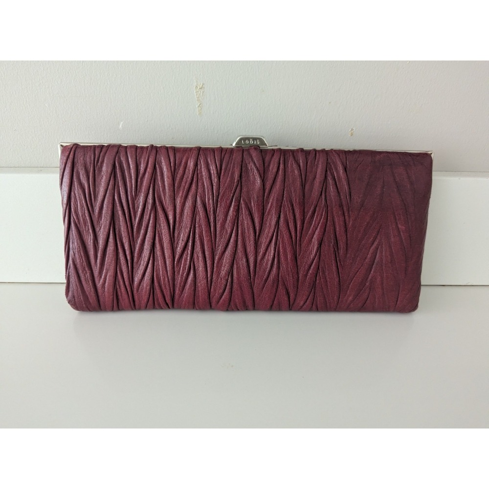 LODIS Red Pleated Leather Andra Large Framed Clutch Wallet Vintage Y2K Rare!!